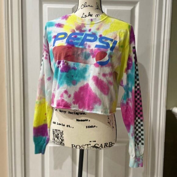 PEPSI TIE DYE CROPPED T-SHIRT LONG SLEEVE SZ MEDIUM 100% COTTON RETRO AESTHETIC - Picture 2 of 16